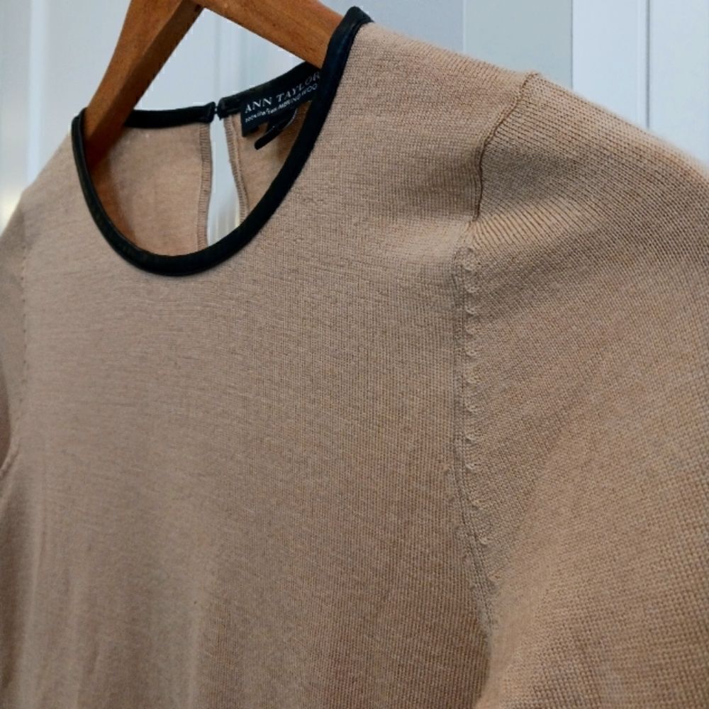 Ann Taylor Merino Wool Sweater with Faux Leather Black Trim in  Camel - Picture 4 of 11